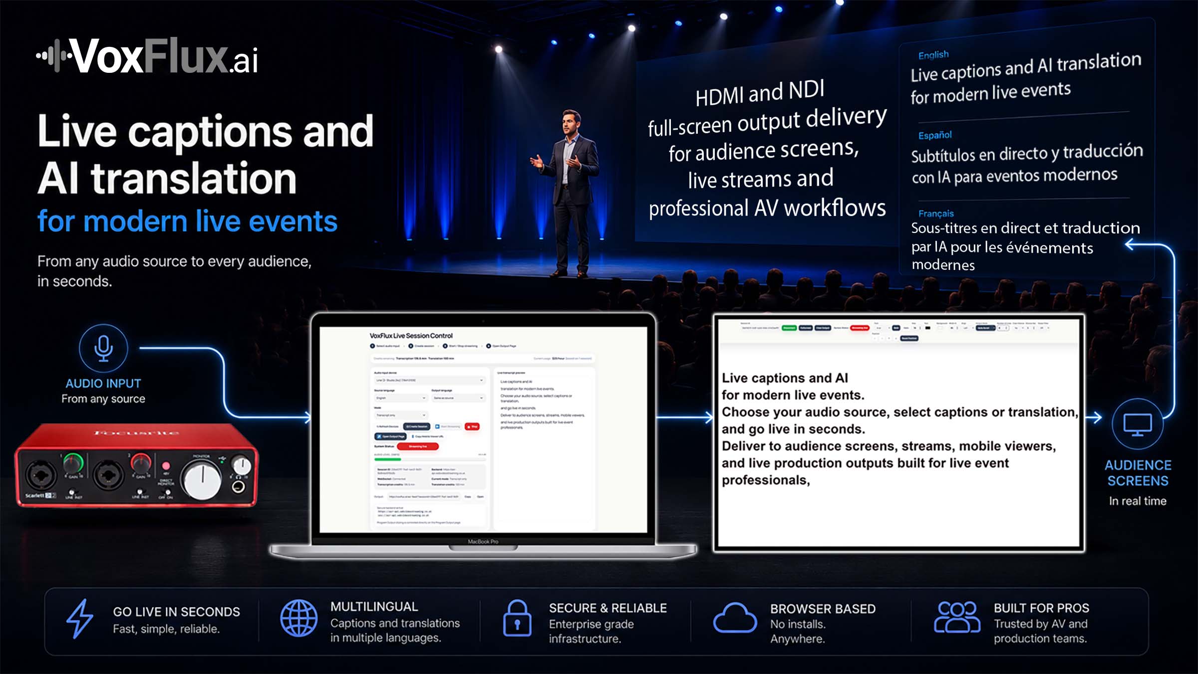 VoxFlux live captions workflow showing audio input, ASR control and production output for live event captions