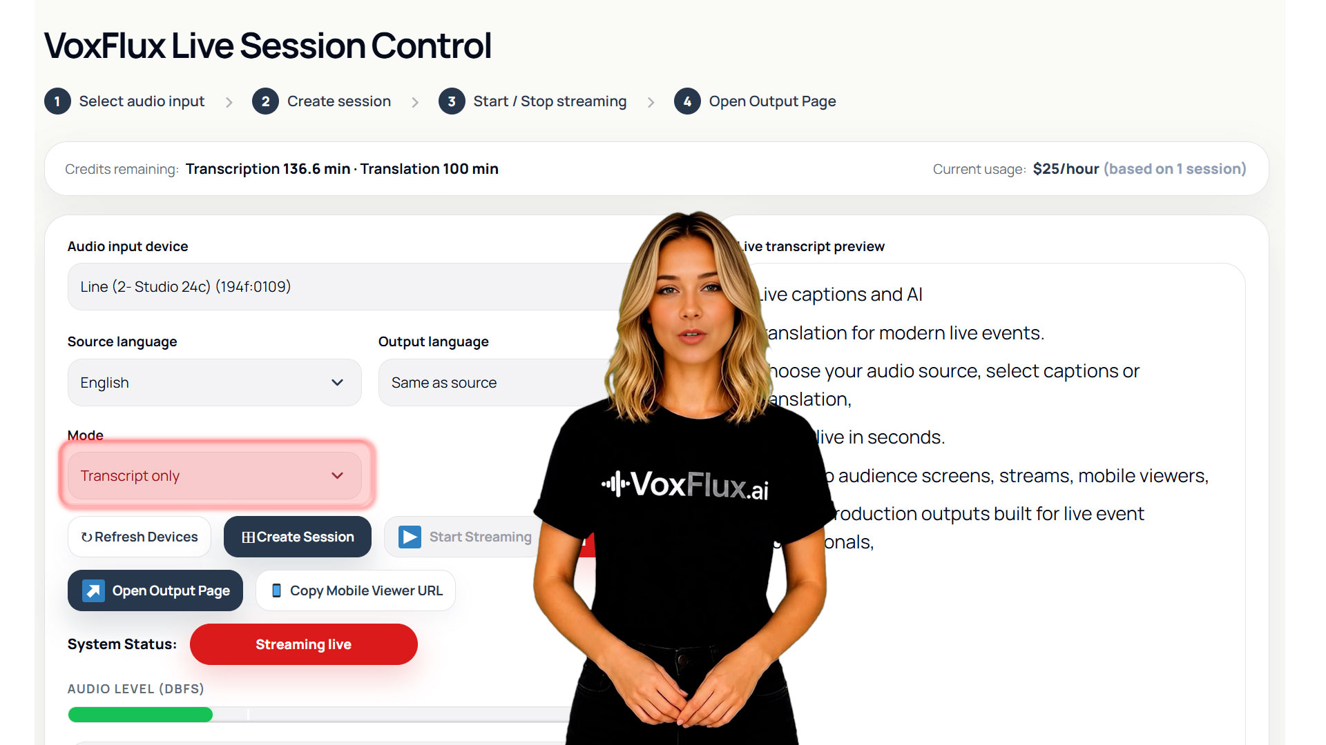 VoxFlux live captions and AI translation product overview